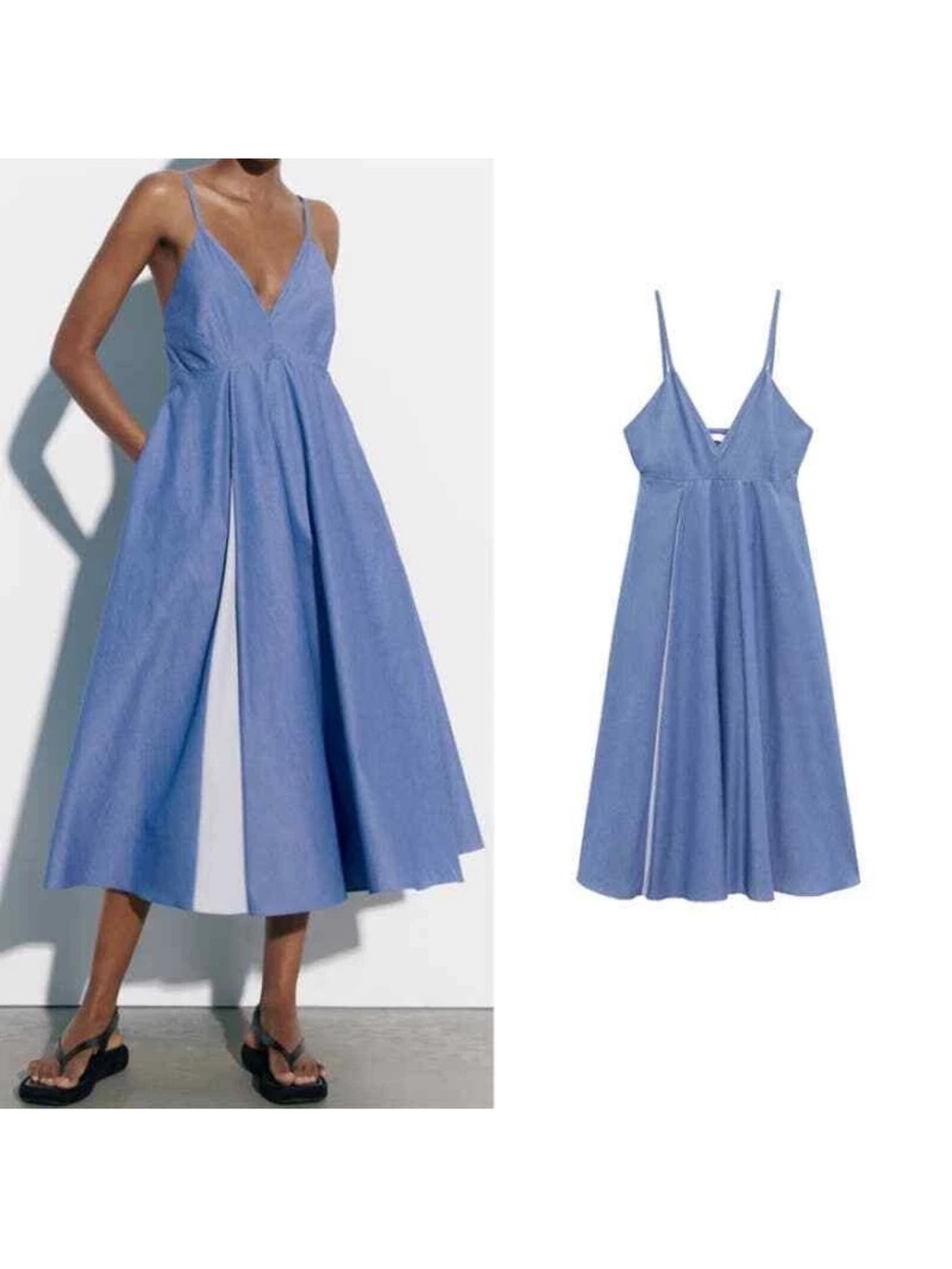 Zara Blue-and-White Panel Spaghetti-Strap Midi Dress